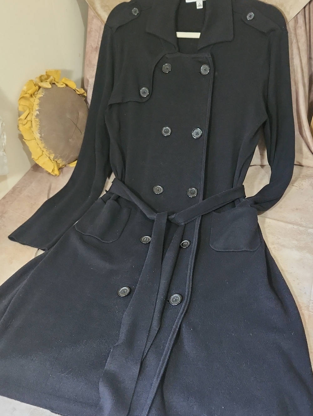 CAbi Black Double-Breasted Long Sleeve Belted Dress, Jacket? Cardigan?